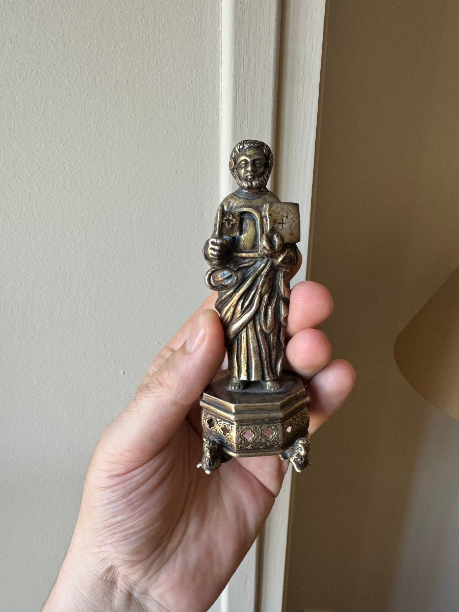 Reliquaire - Statuette de Saint Pierre – Bronze argenté – Statuaire religieuse – Haute Époque-photo-5