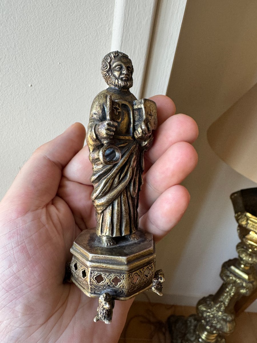 Reliquaire - Statuette de Saint Pierre – Bronze argenté – Statuaire religieuse – Haute Époque-photo-7