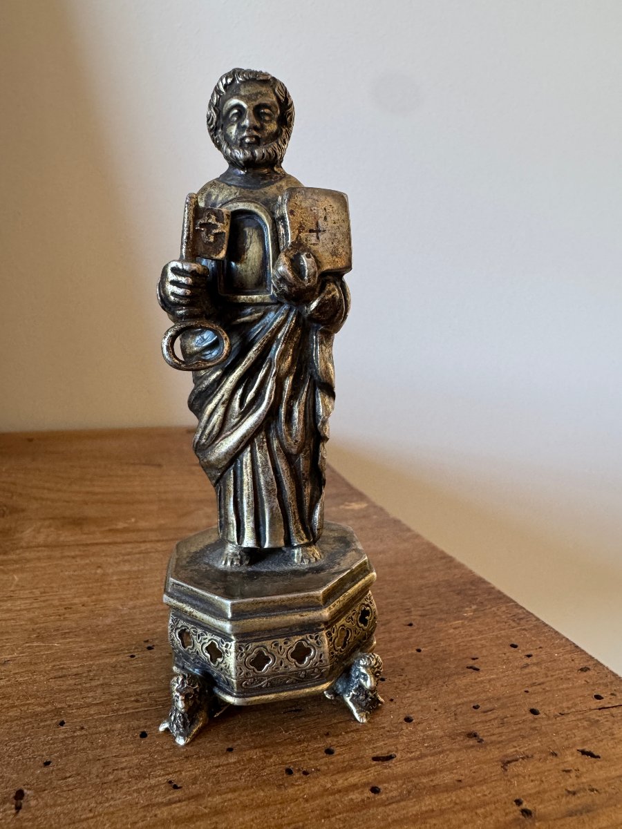 Reliquaire - Statuette de Saint Pierre – Bronze argenté – Statuaire religieuse – Haute Époque-photo-8