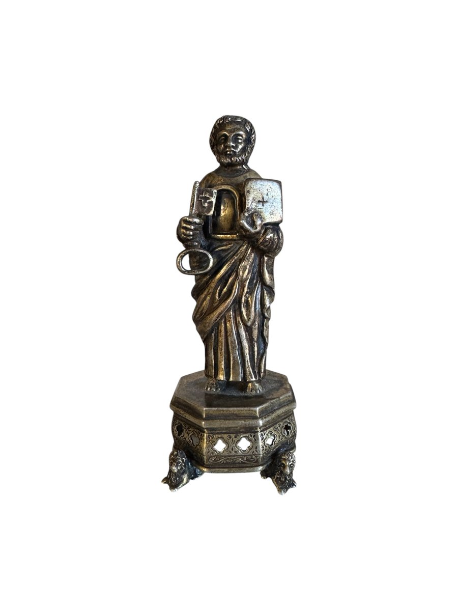 Reliquaire - Statuette de Saint Pierre – Bronze argenté – Statuaire religieuse – Haute Époque