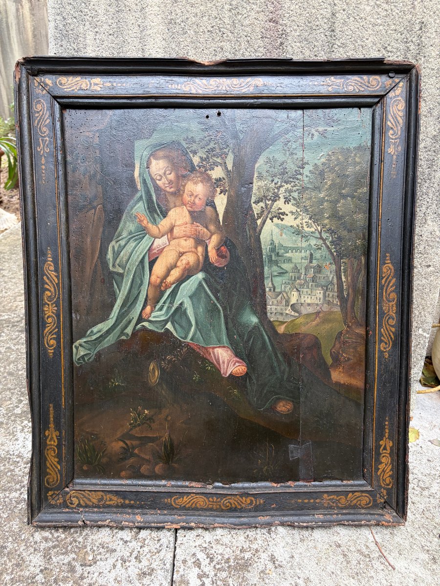 Huile sur panneau – Vierge à l’Enfant dans un paysage – École française – Haute Époque-photo-2