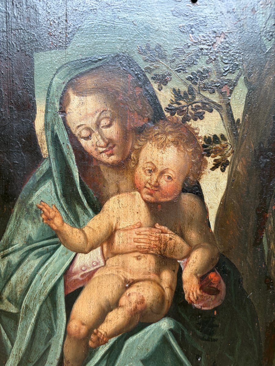 Huile sur panneau – Vierge à l’Enfant dans un paysage – École française – Haute Époque-photo-4