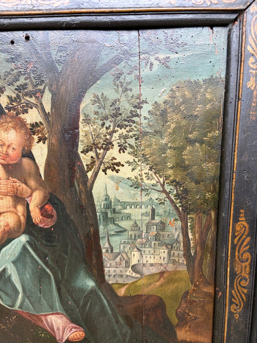 Huile sur panneau – Vierge à l’Enfant dans un paysage – École française – Haute Époque-photo-1