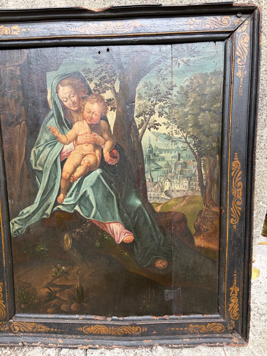 Huile sur panneau – Vierge à l’Enfant dans un paysage – École française – Haute Époque-photo-2