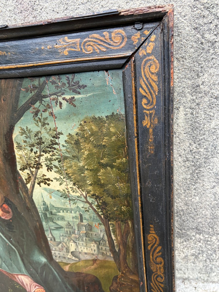 Huile sur panneau – Vierge à l’Enfant dans un paysage – École française – Haute Époque-photo-6