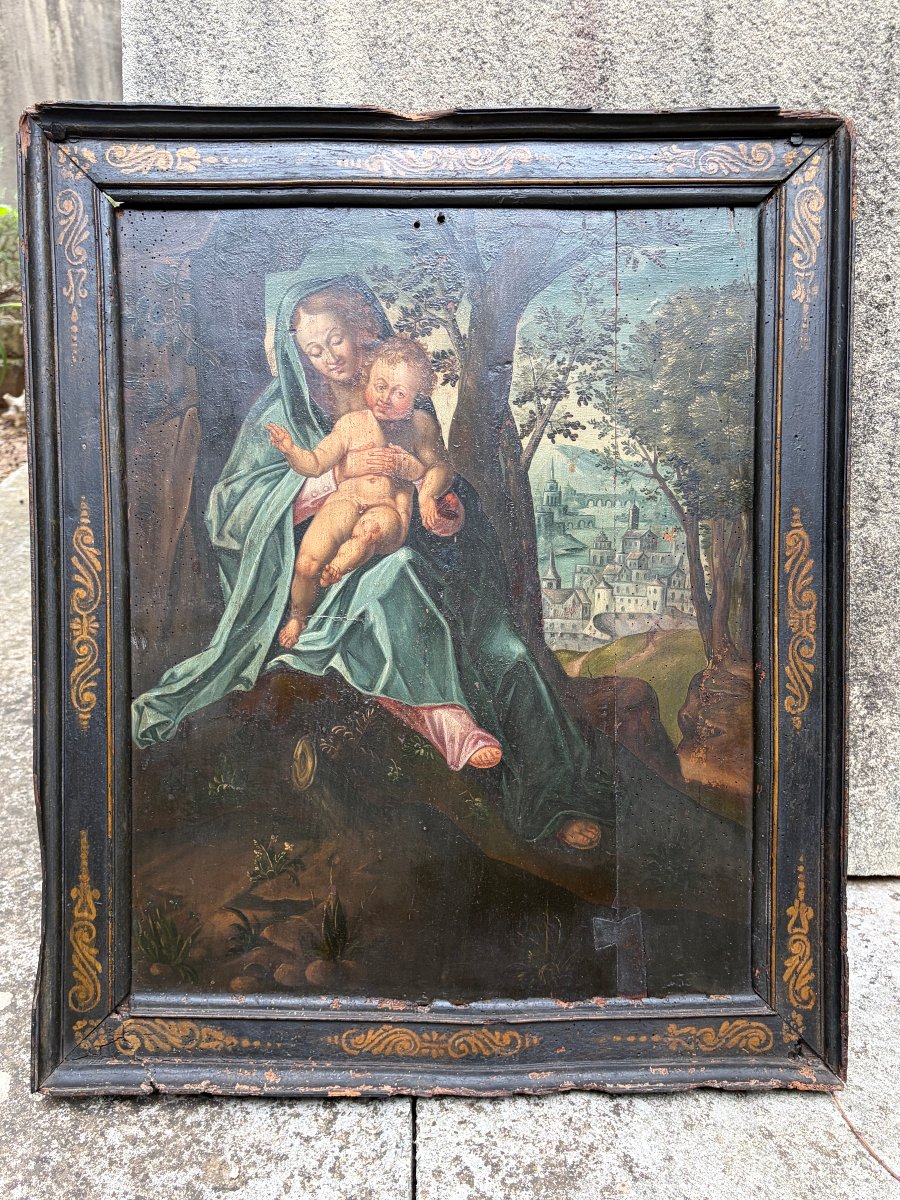 Huile sur panneau – Vierge à l’Enfant dans un paysage – École française – Haute Époque-photo-7