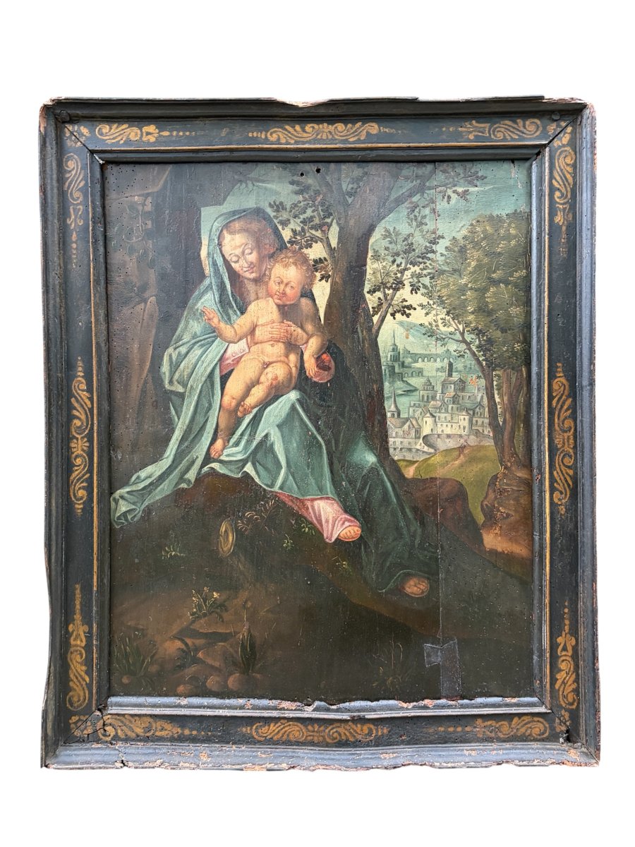 Huile sur panneau – Vierge à l’Enfant dans un paysage – École française – Haute Époque