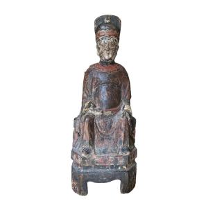 Statuaire - Sculpture Votive, Reliquaire - Dignitaire En Bois Polychrome - Ancêtre De Chine