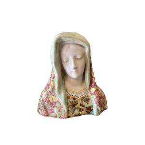 Sculpture, Ceramic Sculpture - Bust Of The Virgin Mary - Signed, Angelo Minghetti - Ceramic