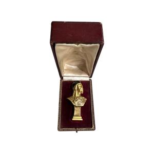 Seal - Stamp - Sculpture, Gilded Bronze - Bust Of Vercingetorix In Its Case - Signed 