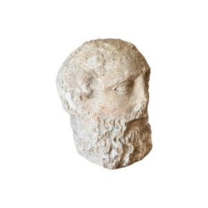 Statuaire en Pierre – Tête de saint barbu – Fragment de sculpture médiévale – Haute Époque