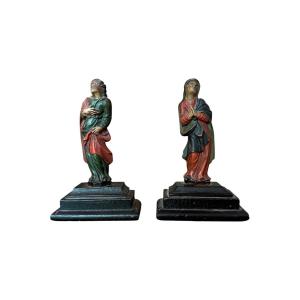 Miniature - Calvary Figures - Virgin Mary And Saint John - Polychrome- Religious Sculpture