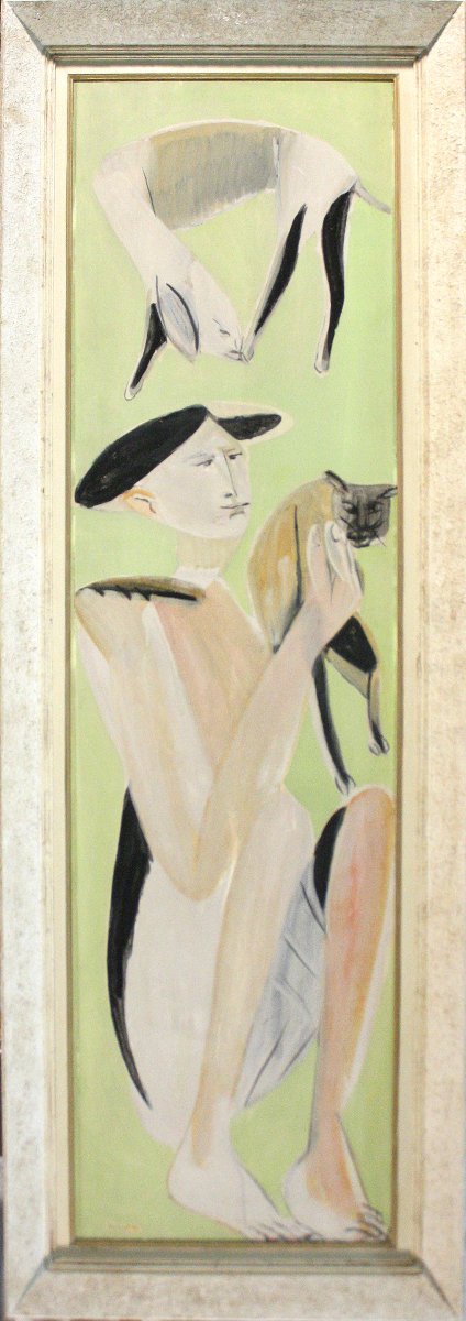 Remo Brindisi  .  Figure With A Cat And A Little Sheep, Ca. 1950-photo-2