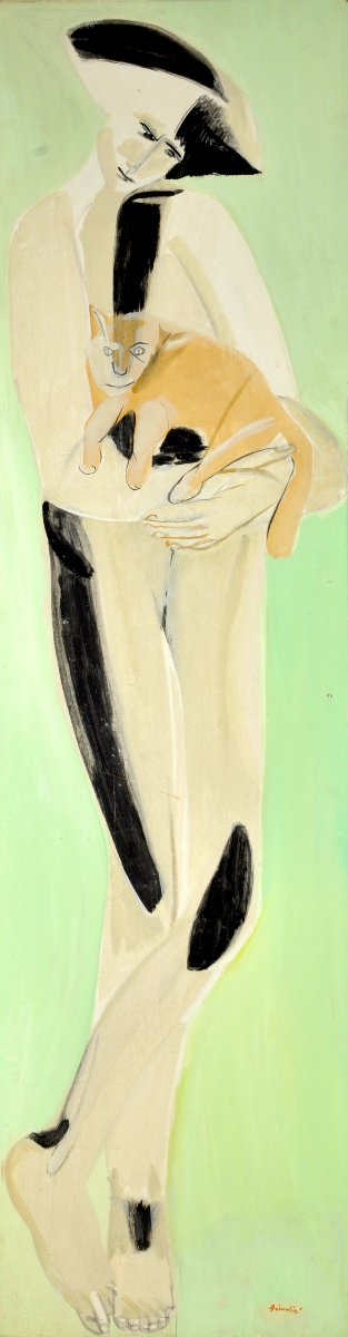 REMO BRINDISI . Figure avec chat, vers 1950