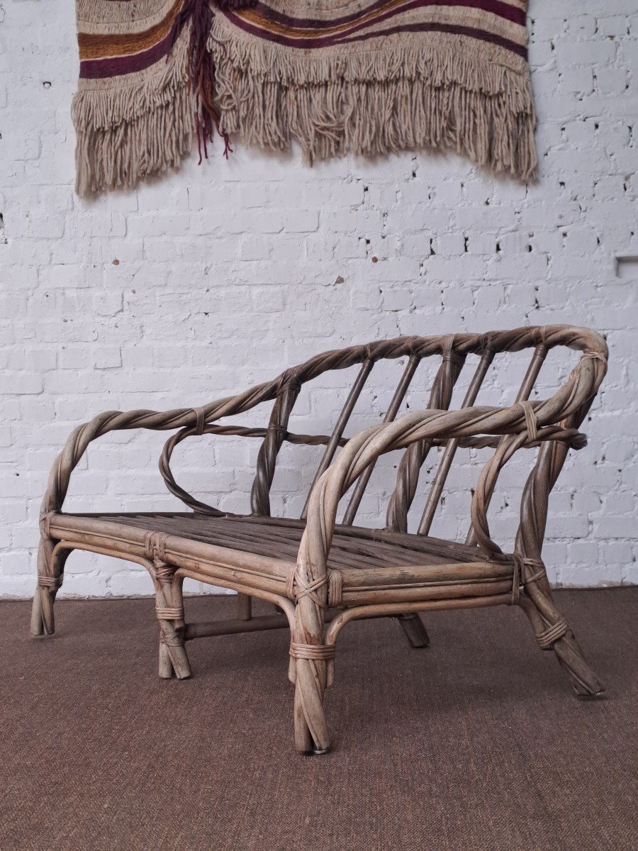 Twisted Rattan Bench - Midcentury