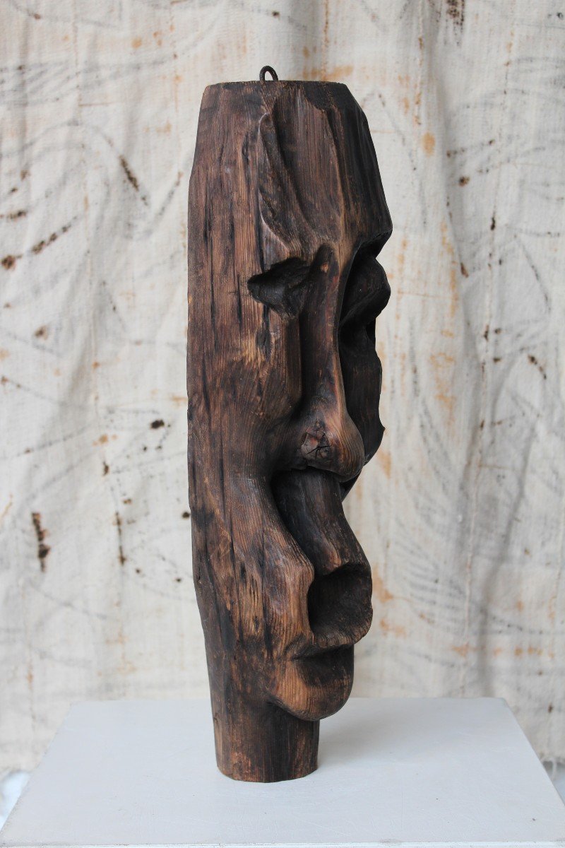 Carved Wooden Face Sculpture 1950s-photo-4