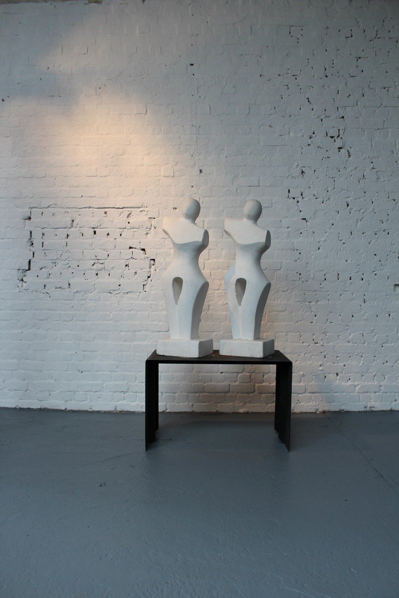Pair Of Plaster Modernist Female Sculptures-photo-3