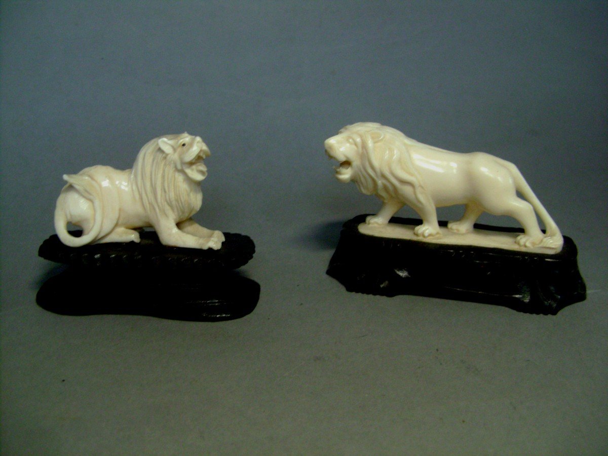 Okimono en ivoire. Couple de lions. Chine 1920_30