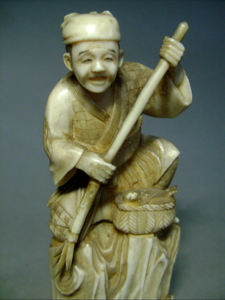 Okimono In Ivory. The Fisherman On The Lookout. Japan Late Meiji (1868-1912)-photo-4