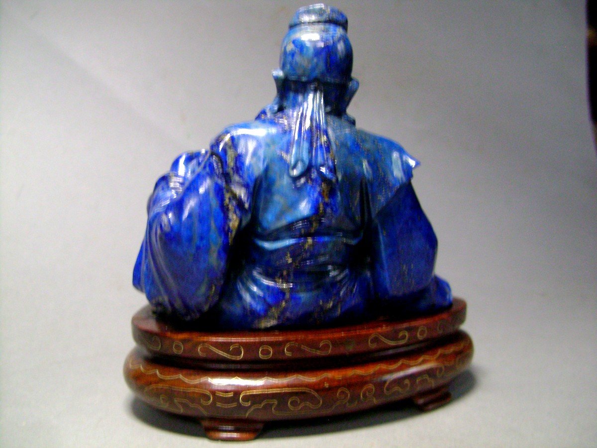Okimono en Lapis Lazuli. Sage au bouquet de fleurs. Chine XIXème-photo-4