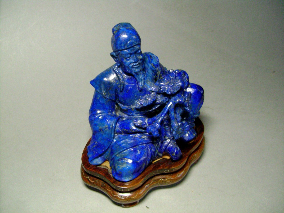 Okimono en Lapis Lazuli. Sage au bouquet de fleurs. Chine XIXème-photo-3