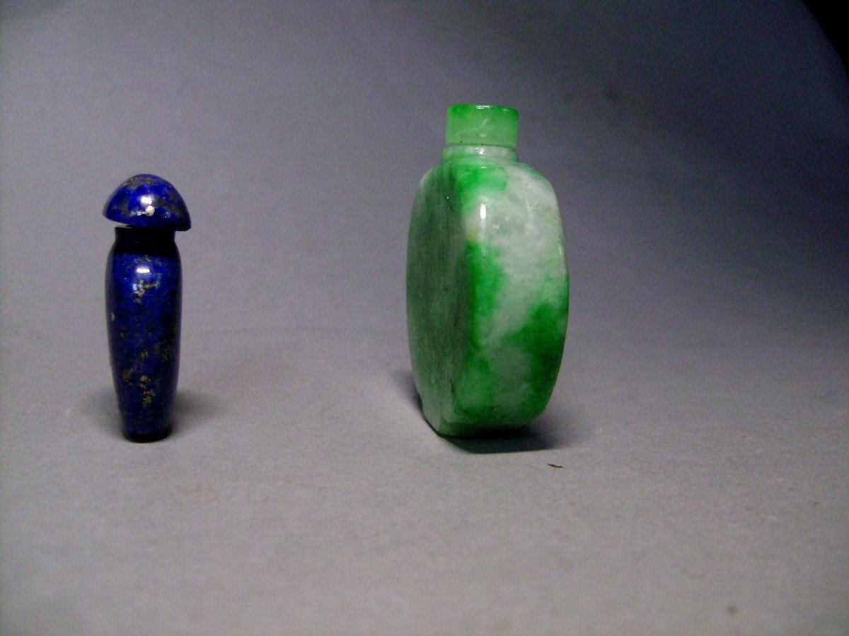 Deux Tabaières. L'une en jadéite l'autre en lapis lazuli. . Chine Début XXème-photo-2