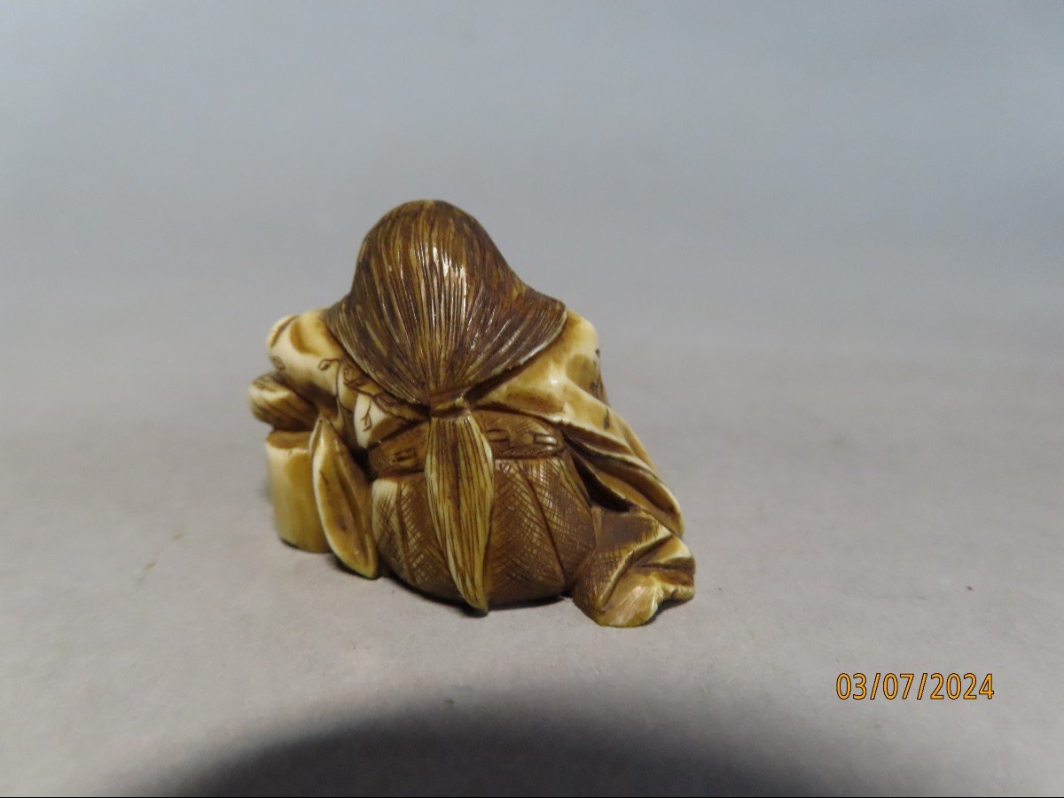 Ivory Netsuke. Okame With Mushrooms. Japan Meiji Period (1868-1912)-photo-4