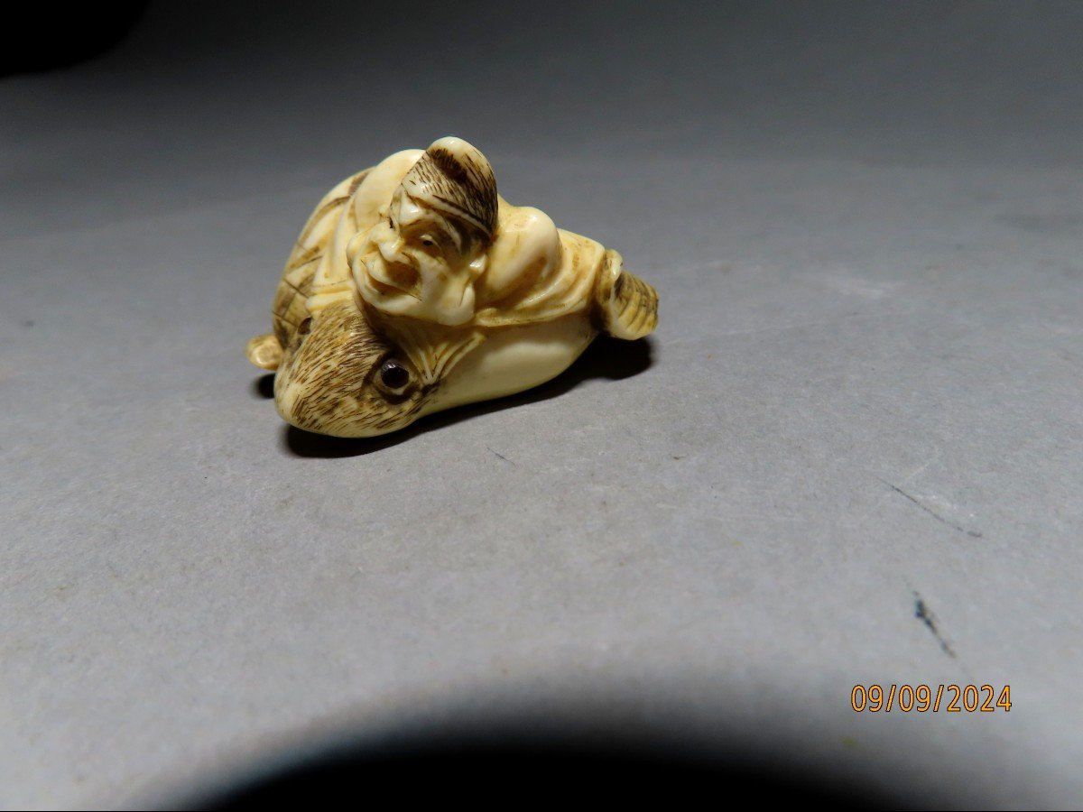 Netsuke en Ivoire. Daikoku et fe  Fugu. Japon époque Meiji (1868-1912 )-photo-2