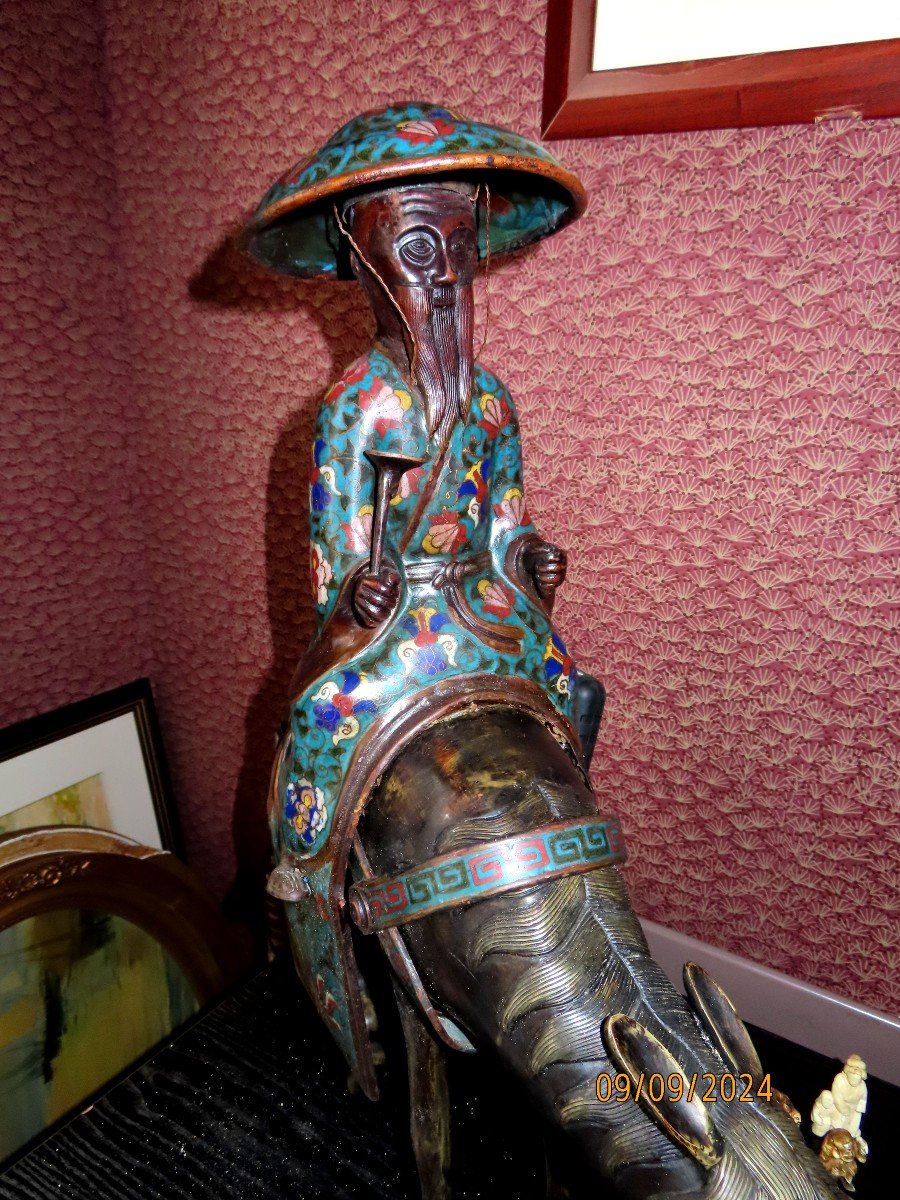 Imposant Okimono. Bronze, Cloisonné, Toba sur sa mule.  Japon époque Meiji (1868-1912 )-photo-3
