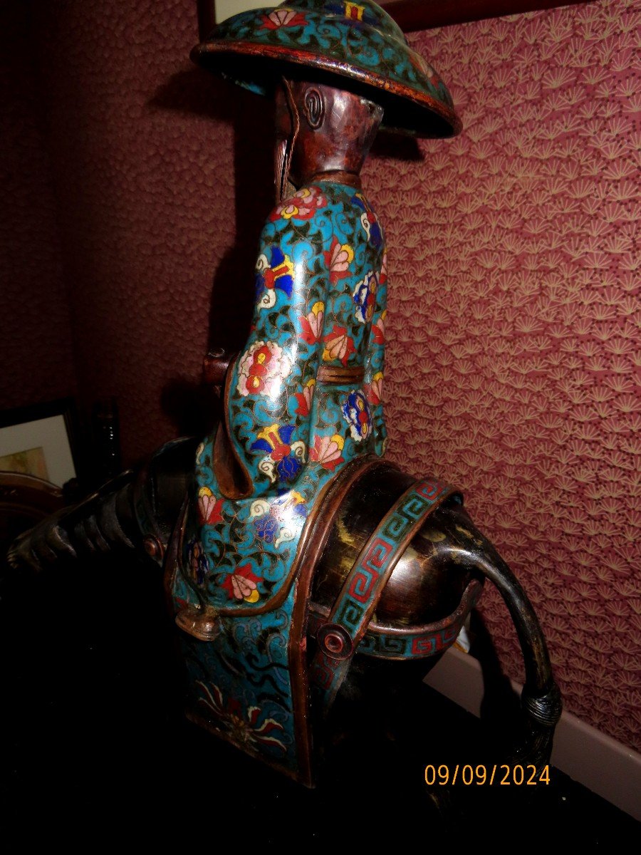 Imposant Okimono. Bronze, Cloisonné, Toba sur sa mule.  Japon époque Meiji (1868-1912 )-photo-4