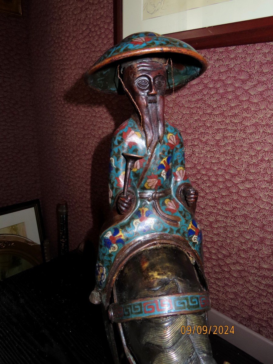 Imposant Okimono. Bronze, Cloisonné, Toba sur sa mule.  Japon époque Meiji (1868-1912 )-photo-1