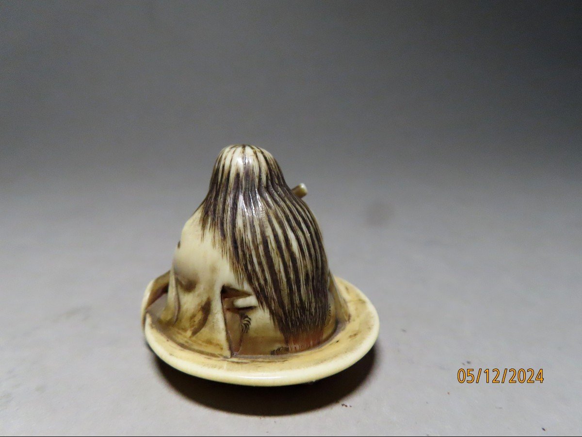 Netsuke en ivoire. Shojo dans une coupe à sake. Signé Ryumin, école d'EDO. Japon époque Meiji .-photo-4