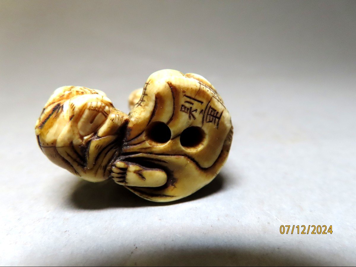 Netsuke en ivoire.  Père et fils. Signé Norishige, école de Tokyo. Japon époque Edo (1603-1868)-photo-3