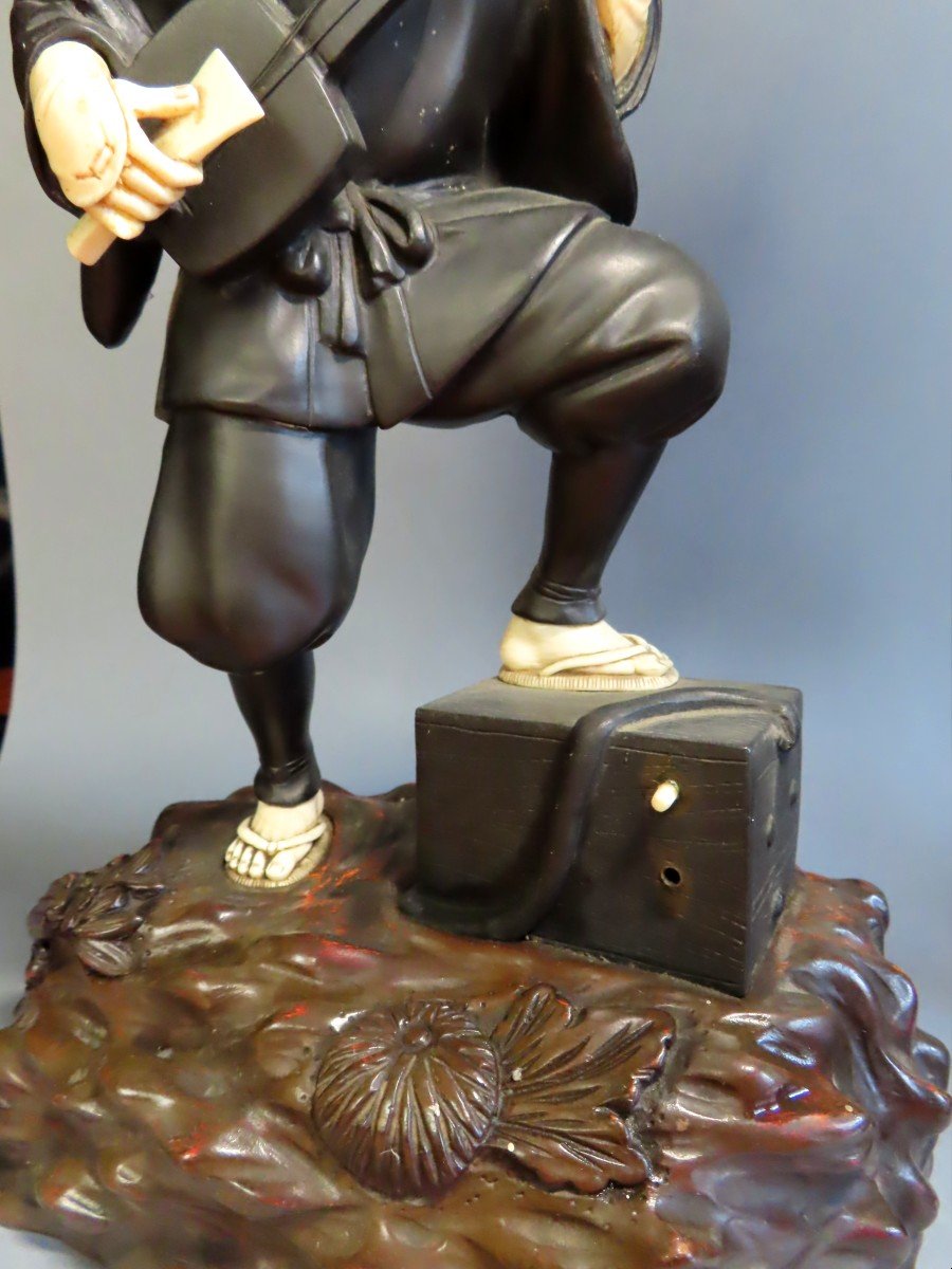 Bronze And Ivory Okimono. Chryselephantine. Shamisen Player. Japan Meiji Period (1868-1912)-photo-3