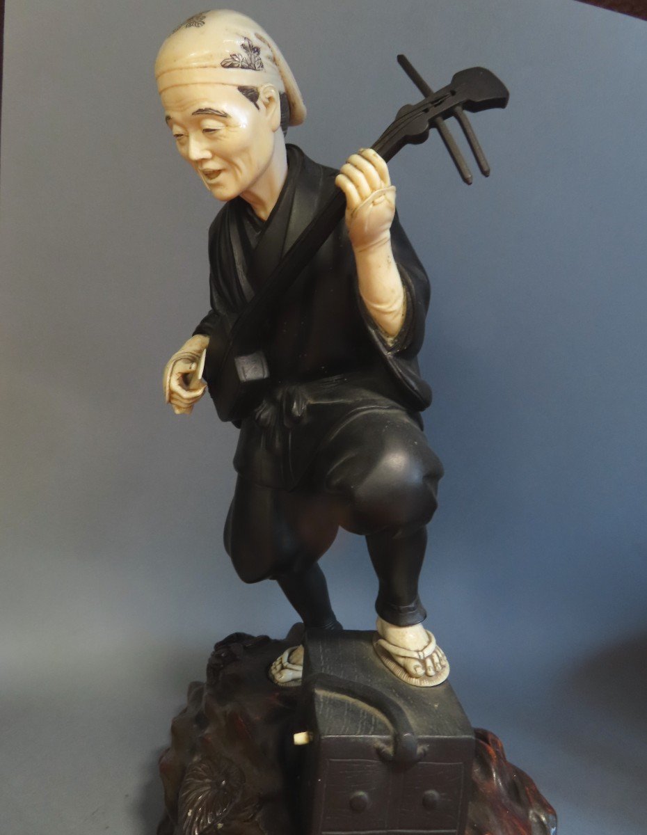 Bronze And Ivory Okimono. Chryselephantine. Shamisen Player. Japan Meiji Period (1868-1912)-photo-4