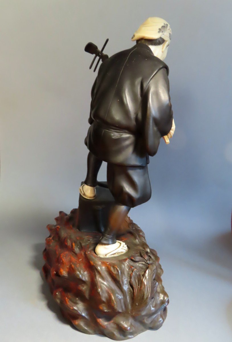 Bronze And Ivory Okimono. Chryselephantine. Shamisen Player. Japan Meiji Period (1868-1912)-photo-3