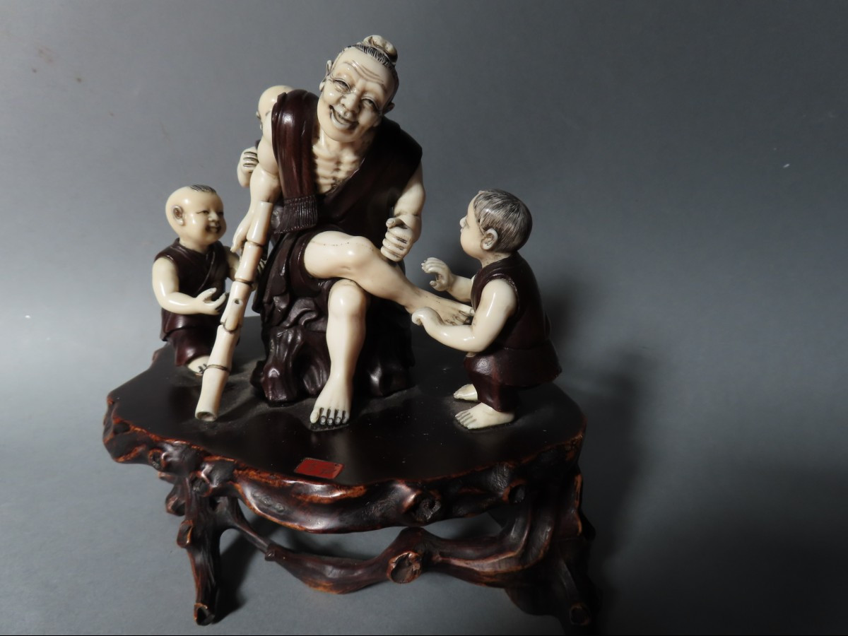 Wood And Ivory Okimono. Street Scene. Japan, Late Meiji, Early Taisho.-photo-2