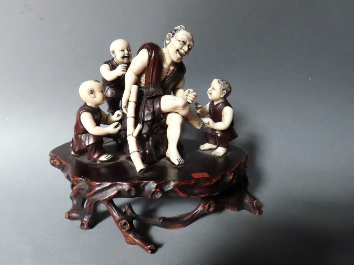 Wood And Ivory Okimono. Street Scene. Japan, Late Meiji, Early Taisho.