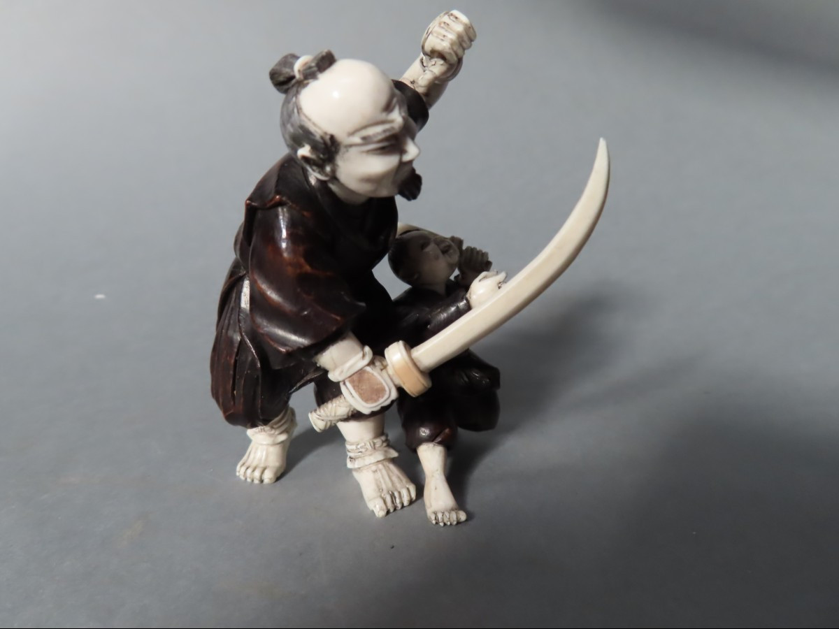 Wood And Ivory Okimono. The Samurai Apprentice. Japan, Taisho Period.-photo-2