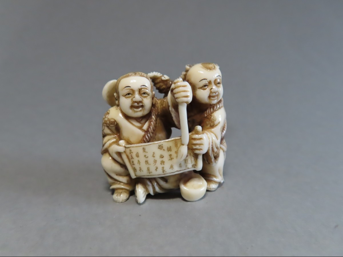 Ivory Netsuke. Karako Scribes. Japan, Taisho Period (1912-1928)