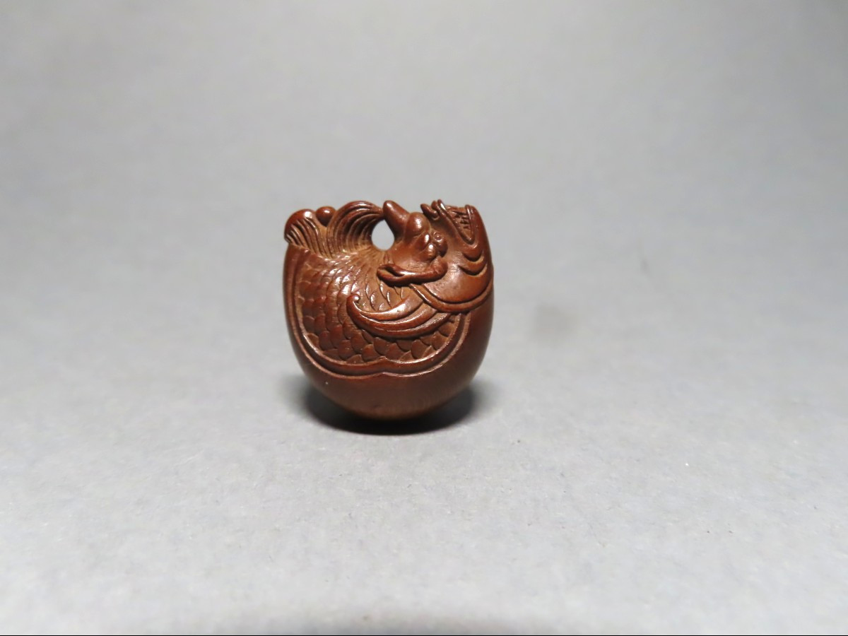 Wooden Netsuke. Mokugyo With Fish. Japan Meiji Period (1868-1912)-photo-3