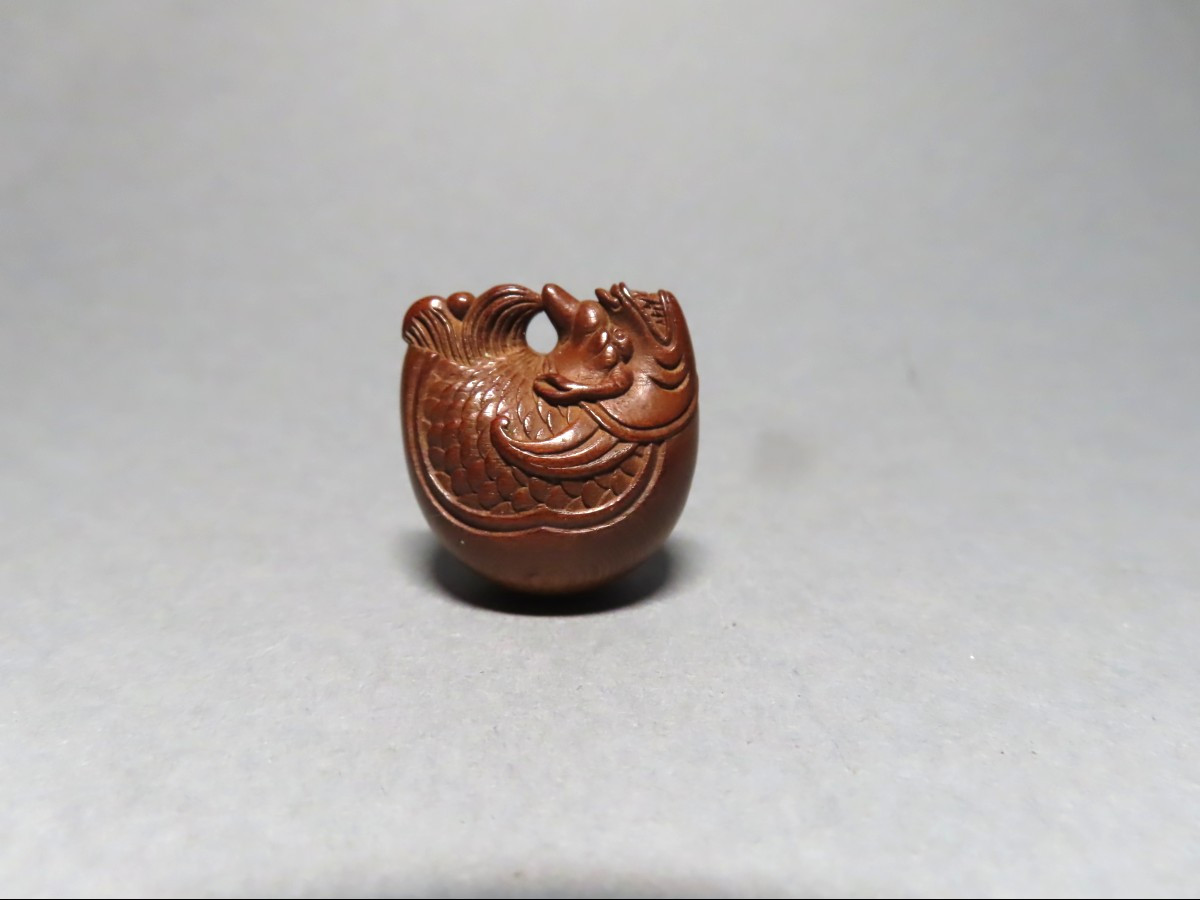 Wooden Netsuke. Mokugyo With Fish. Japan Meiji Period (1868-1912)