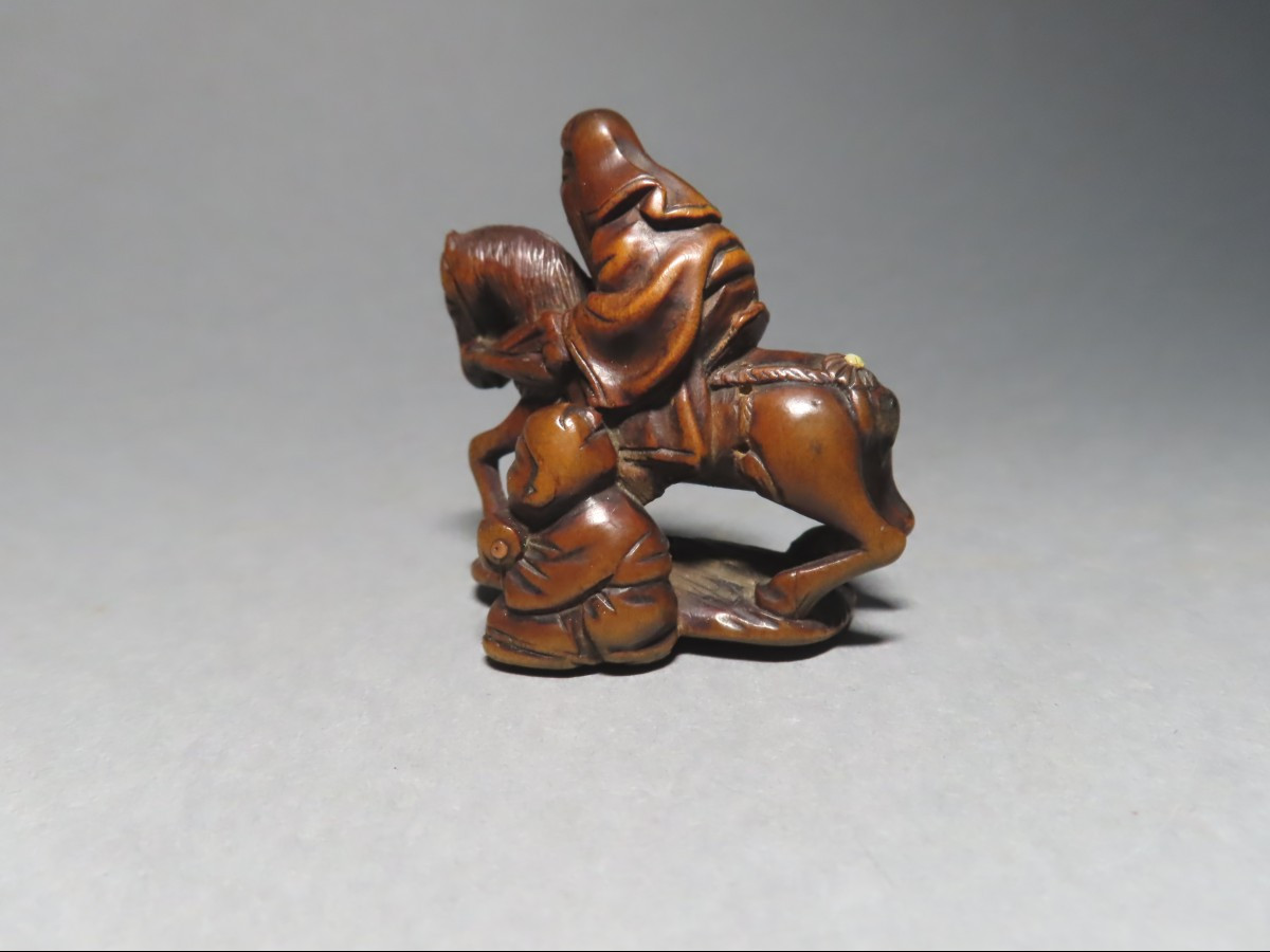 Netsuke en bois. Choryo et Kasekiko. Signé Yuichi, Japon époque Meiji (1868-21912 )-photo-2