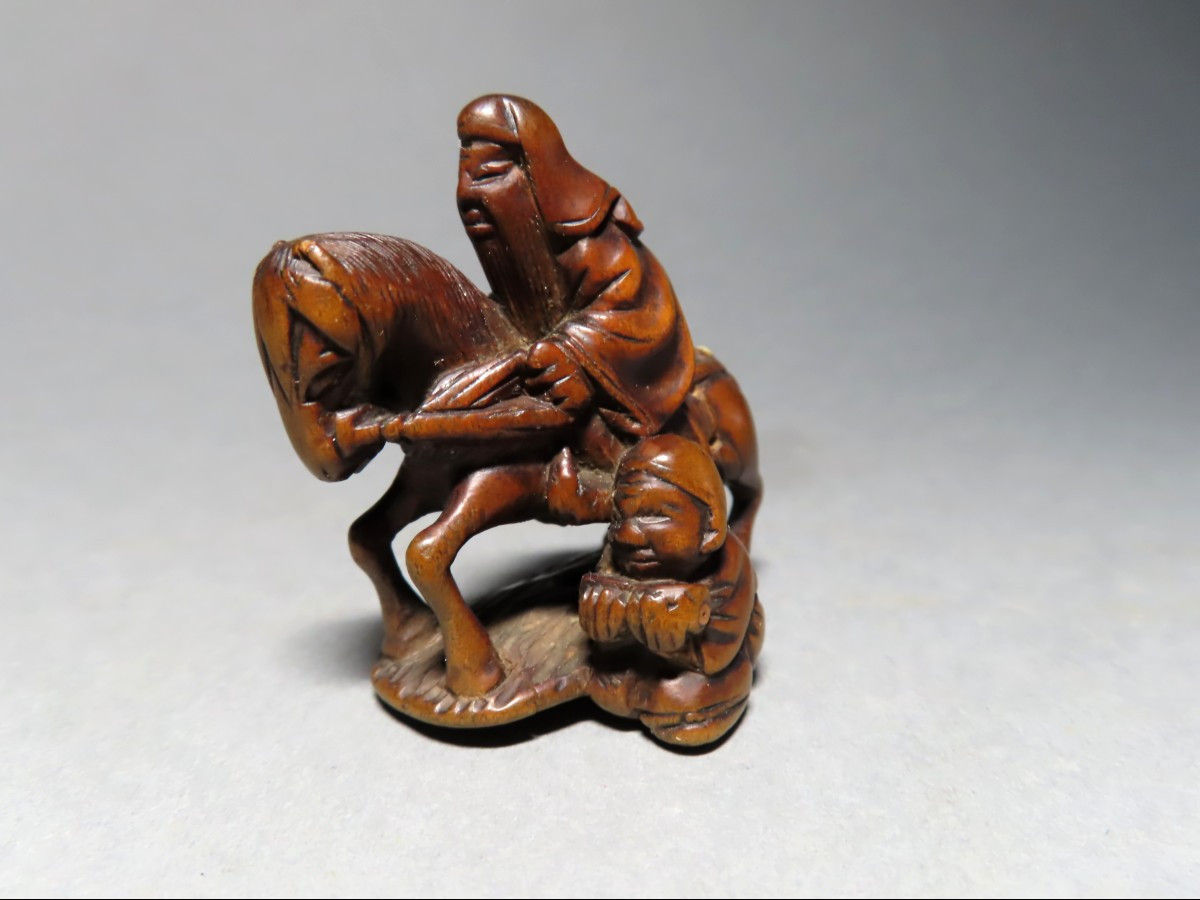 Netsuke en bois. Choryo et Kasekiko. Signé Yuichi, Japon époque Meiji (1868-21912 )-photo-3