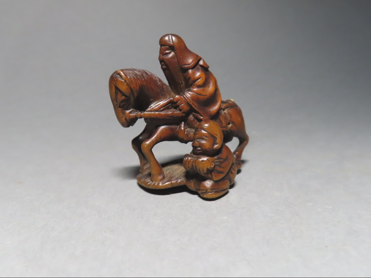 Netsuke en bois. Choryo et Kasekiko. Signé Yuichi, Japon époque Meiji (1868-21912 )