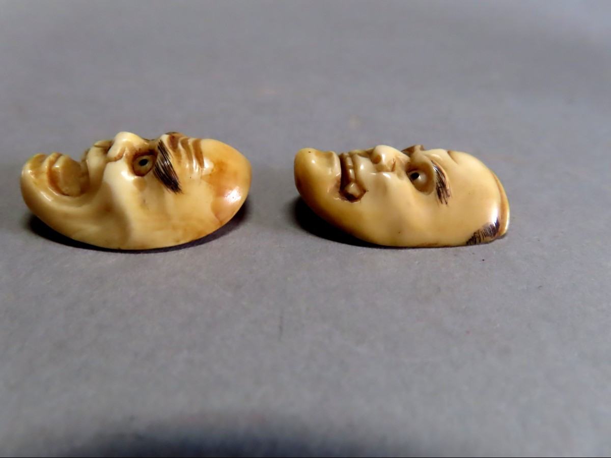 Two Ivory Netsuke. Noh Theater Masks. Signed Tamayuki, Japan, Meiji Period (1868-1912)-photo-3