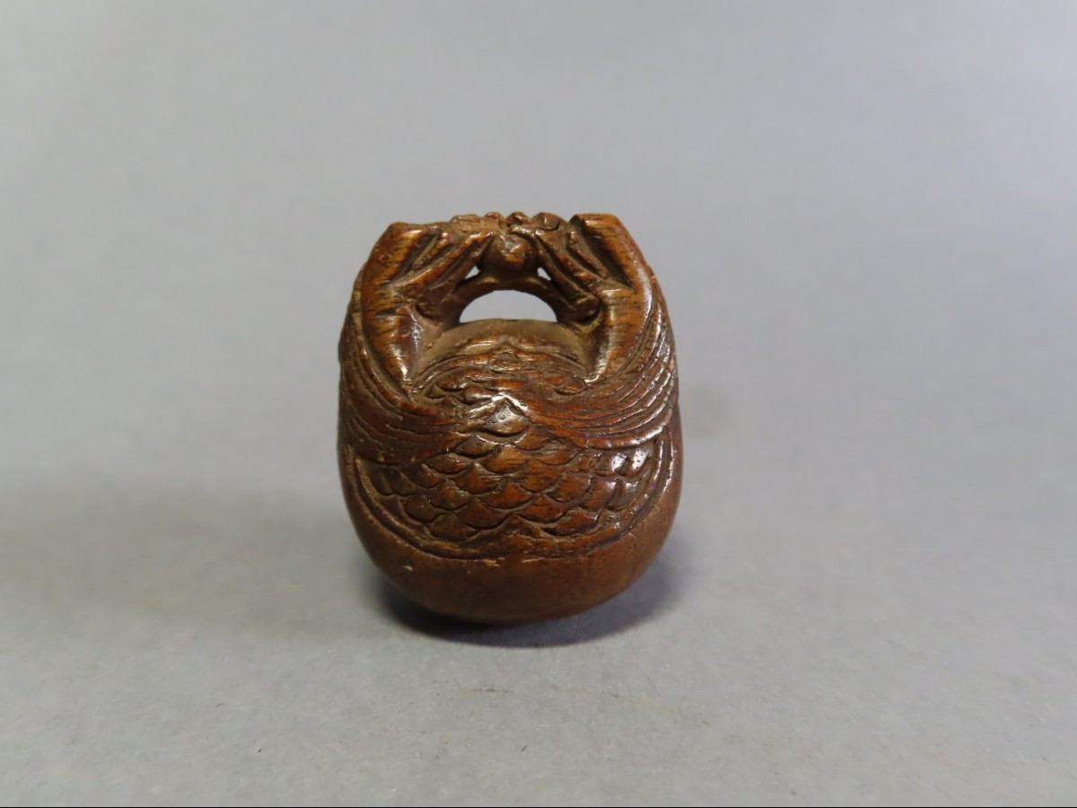 Wooden Netsuke. Mokugyo With Dragons. Japan, Edo Period (1603-1868)