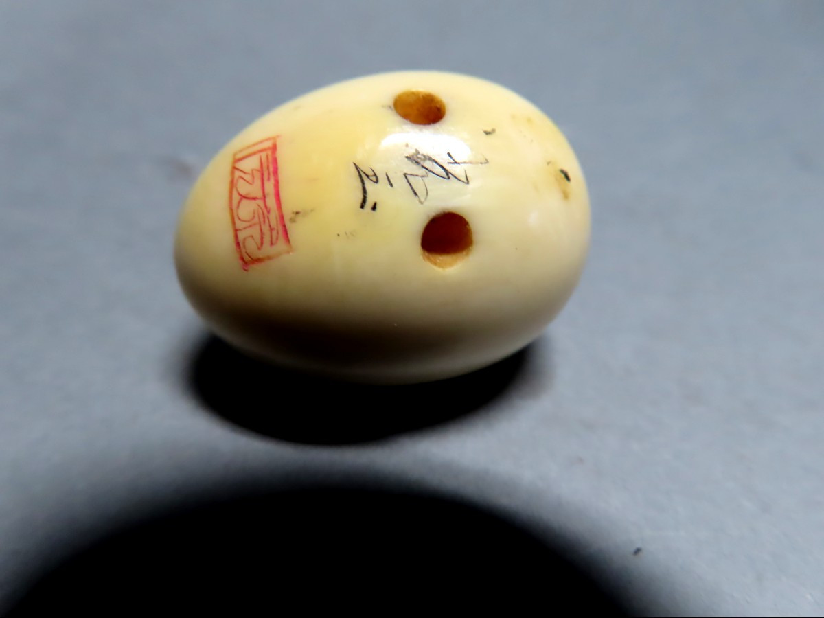 Netsuke en ivoire. Poussin dans l'oeuf. Japon époque Meiji (1868-1912 )-photo-1