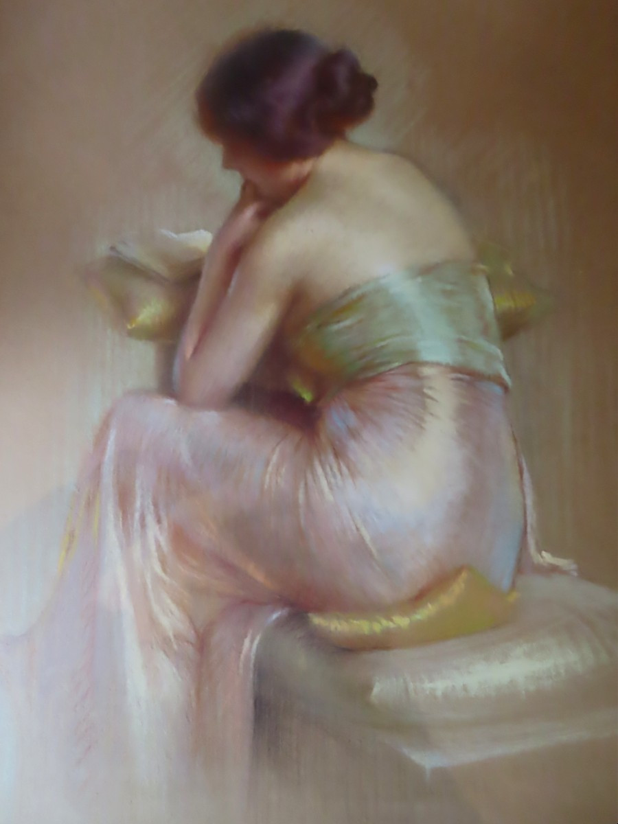 Gaston Bouy (1866-1943) - Young Woman Seated Reading. Framed Pastel.-photo-2