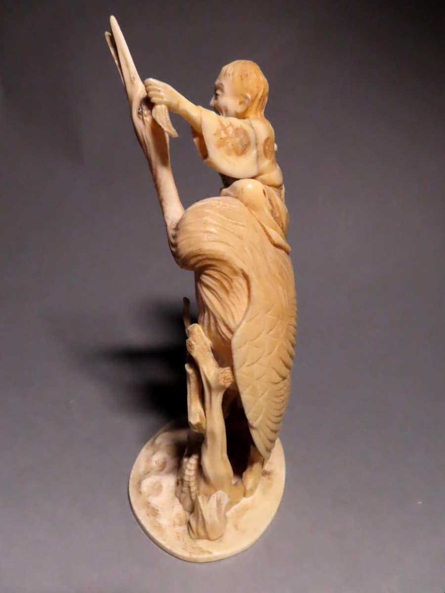 -ivory Okimono. Immortal On The Back Of A Crane. Signed Gyokuichi. Japan, Meiji Period.-photo-3